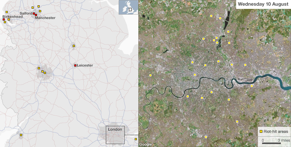 Map showing areas of riots 10 August